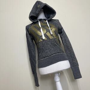Joshua Perets Womens Waist Drawstring Hoodie Gray Sweater with Gold Print Large